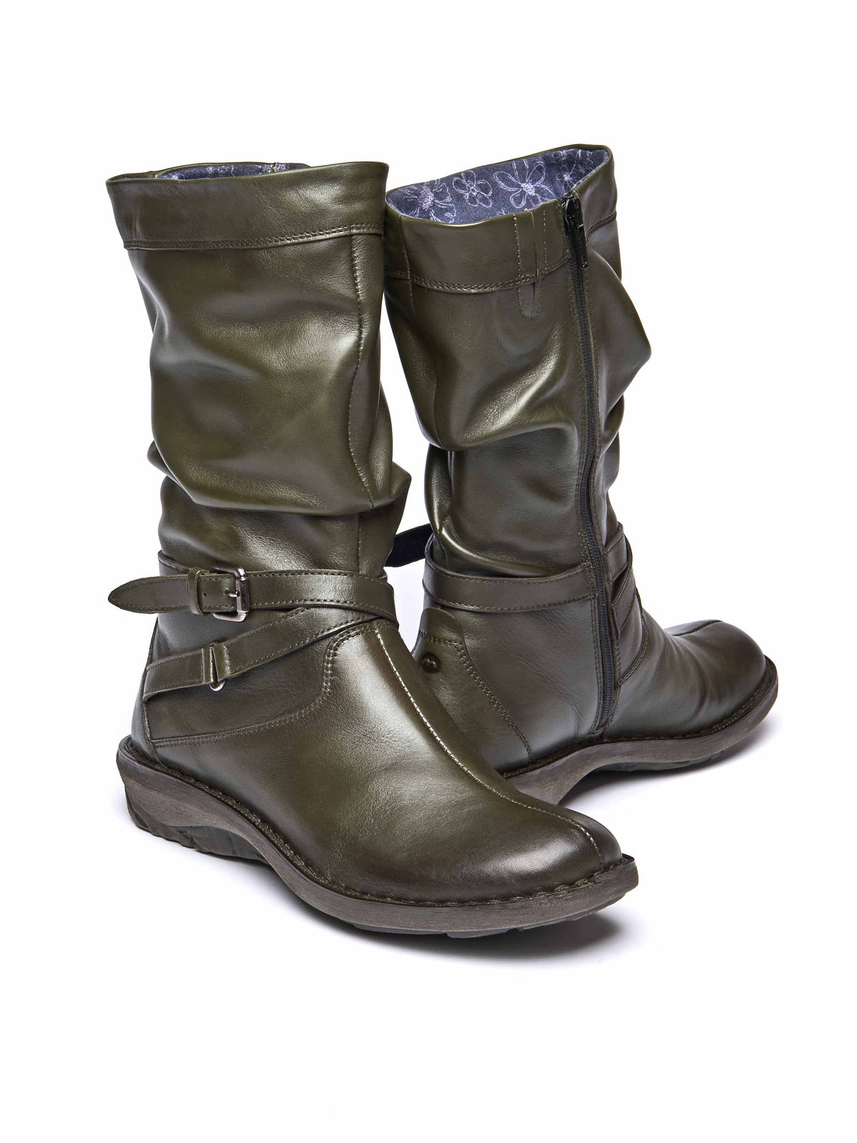 Green slouchy mid-length leather boots - TEACAKE OLIVE GREEN LEATHER