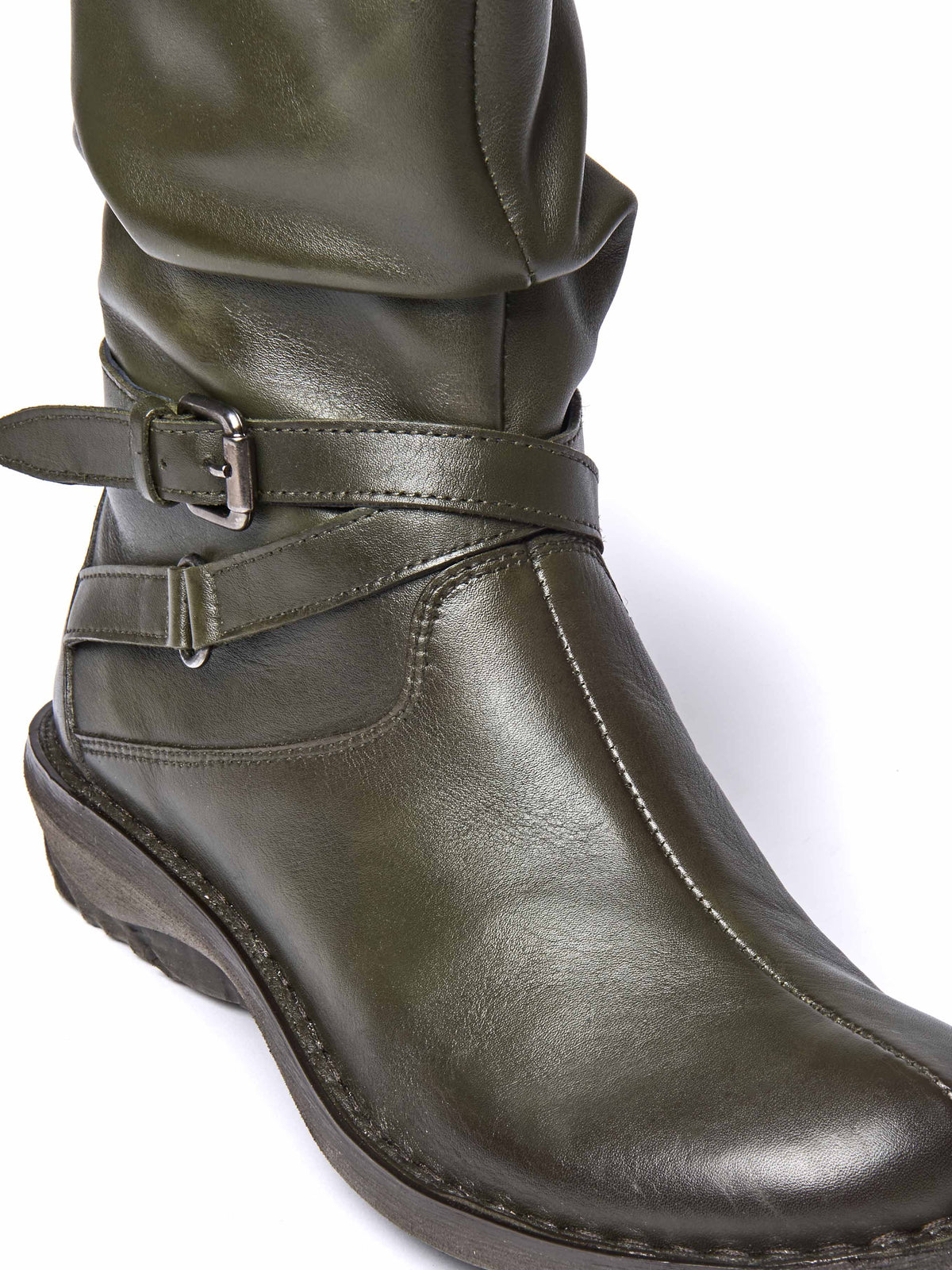 Green slouchy mid-length leather boots - TEACAKE OLIVE GREEN LEATHER
