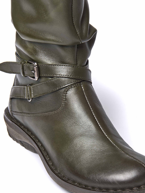 Green slouchy mid-length leather boots - TEACAKE OLIVE GREEN LEATHER