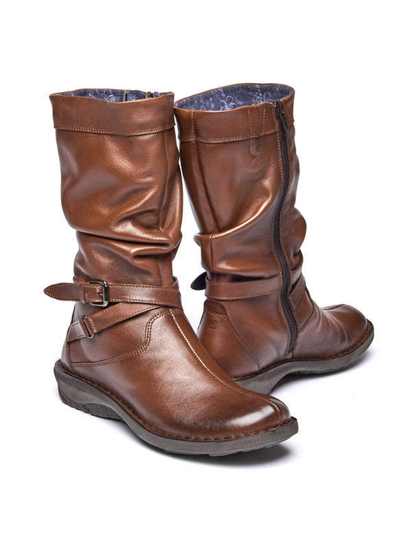 Brown slouchy mid-length leather boots - TEACAKE PECAN LEATHER