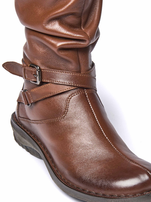 Brown slouchy mid-length leather boots - TEACAKE PECAN LEATHER
