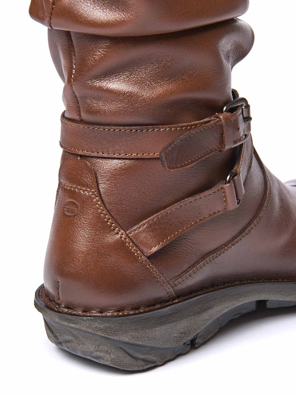 Brown slouchy mid-length leather boots - TEACAKE PECAN LEATHER