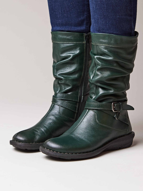Green slouchy mid-length leather boots - TEACAKE PINE GREEN