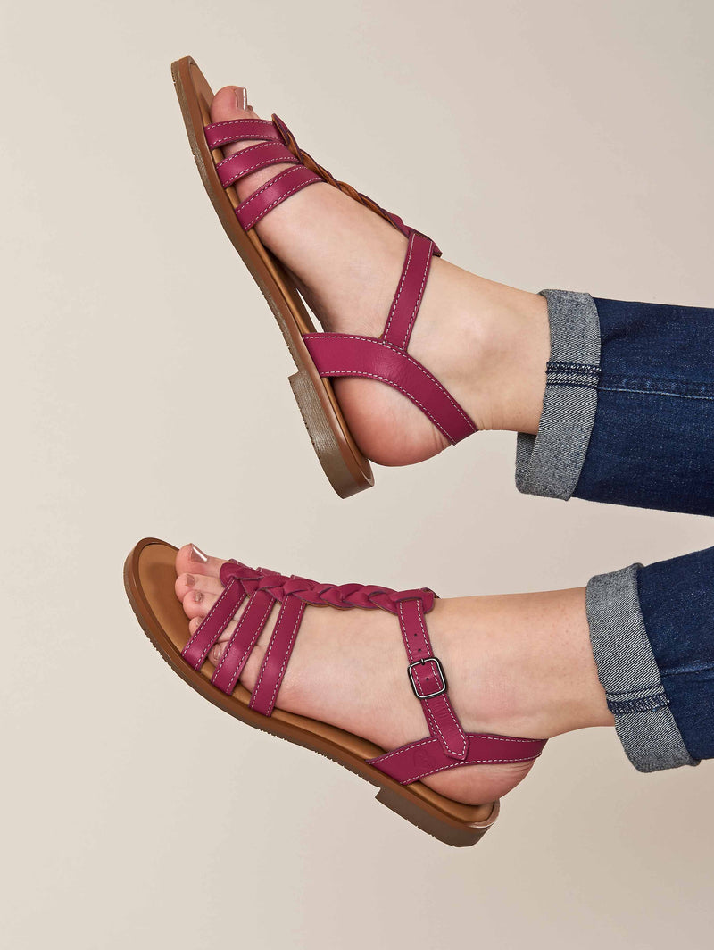 Pink strappy leather t-bar sandals - WASABI FUCHSIA PINK