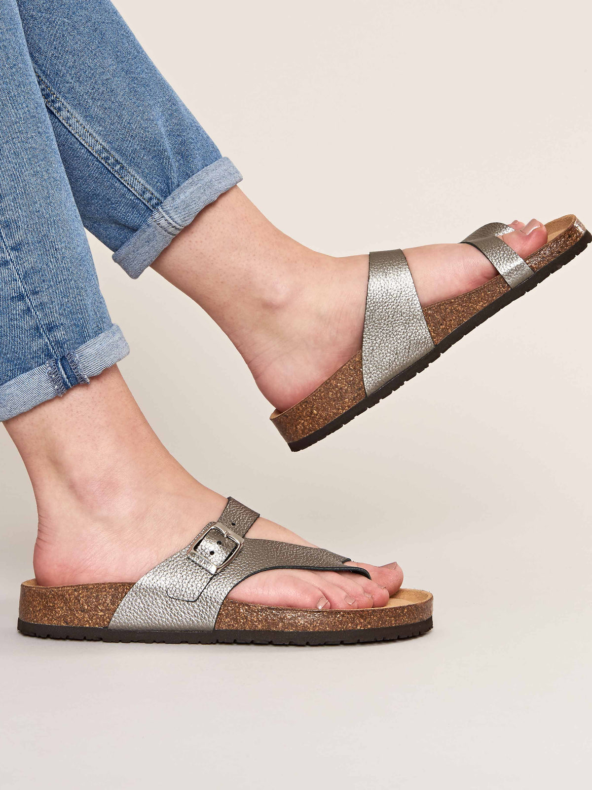 Metallic toe-post cork footbed sandals - WILMA METALLIC PEWTER TUMBLED