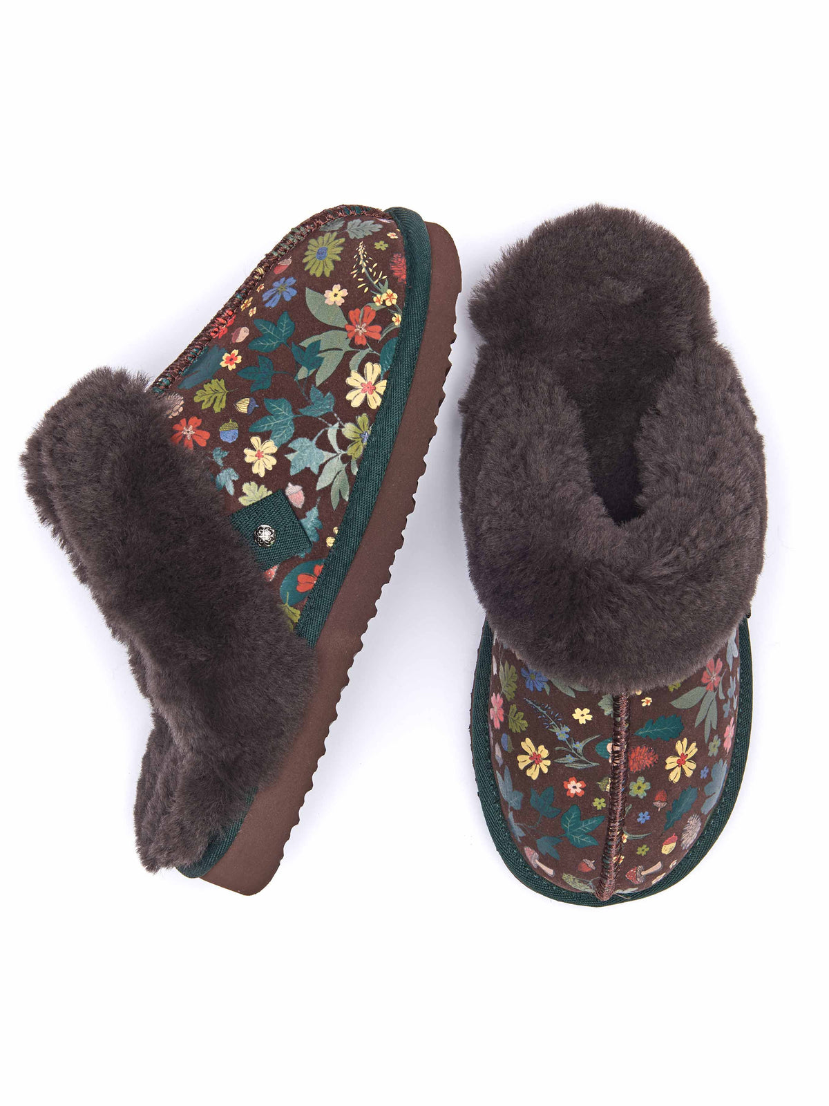 Brown sheepskin mule slippers - TIREE BROWN ACORN BLOOM PRINT