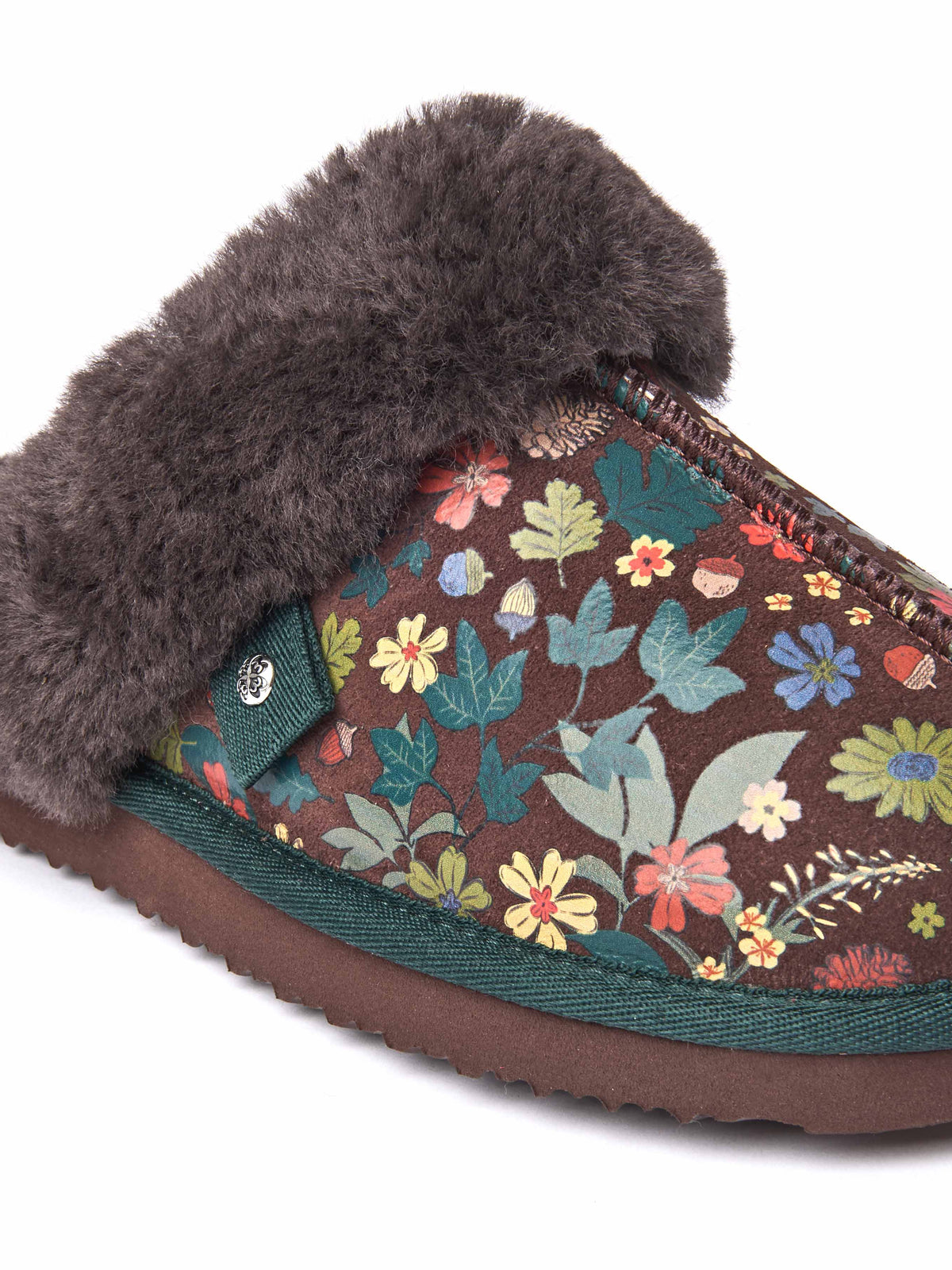 Brown sheepskin mule slippers - TIREE BROWN ACORN BLOOM PRINT