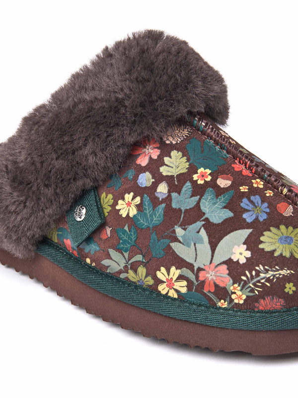 Brown sheepskin mule slippers - TIREE BROWN ACORN BLOOM PRINT