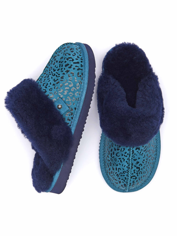 Blue / Green / Animal Print sheepskin mule slippers - TIREE LAGOON LEOPARD
