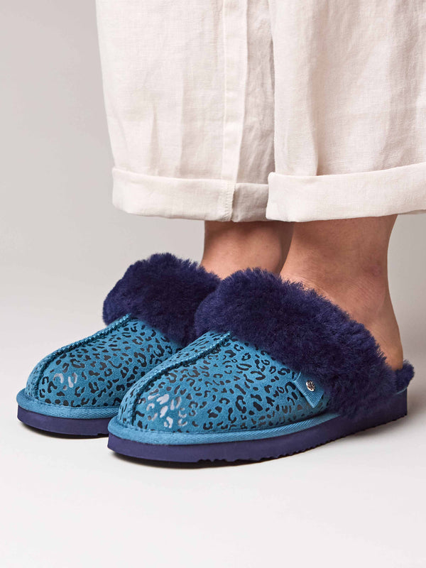 Blue / Green / Animal Print sheepskin mule slippers - TIREE LAGOON LEOPARD