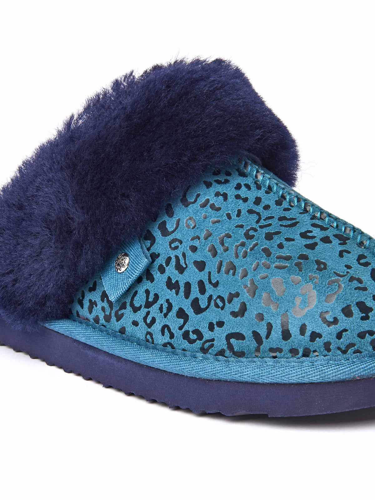 Blue / Green / Animal Print sheepskin mule slippers - TIREE LAGOON LEOPARD