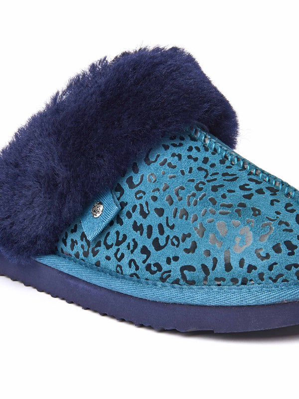 Blue / Green / Animal Print sheepskin mule slippers - TIREE LAGOON LEOPARD