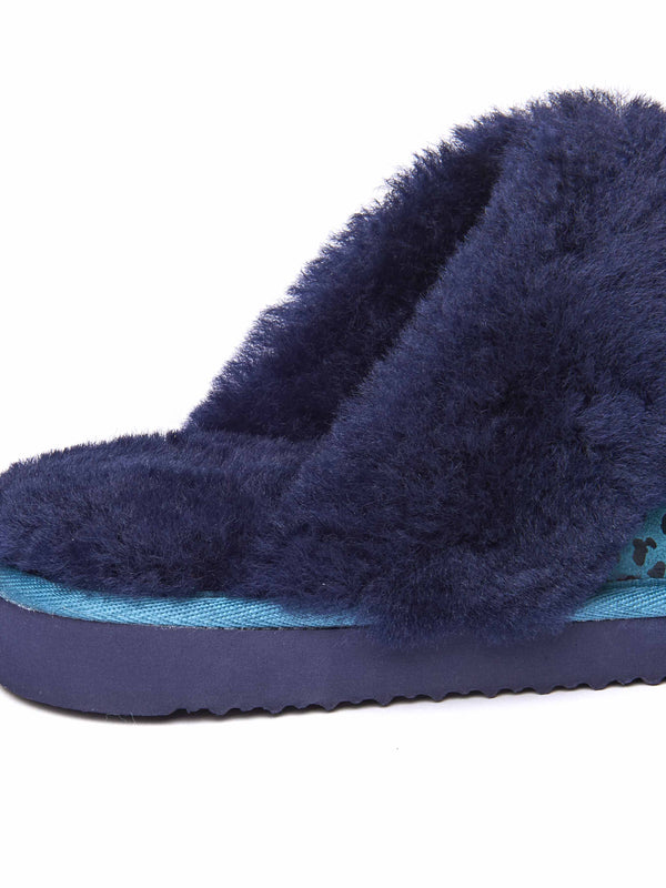 Blue / Green / Animal Print sheepskin mule slippers - TIREE LAGOON LEOPARD