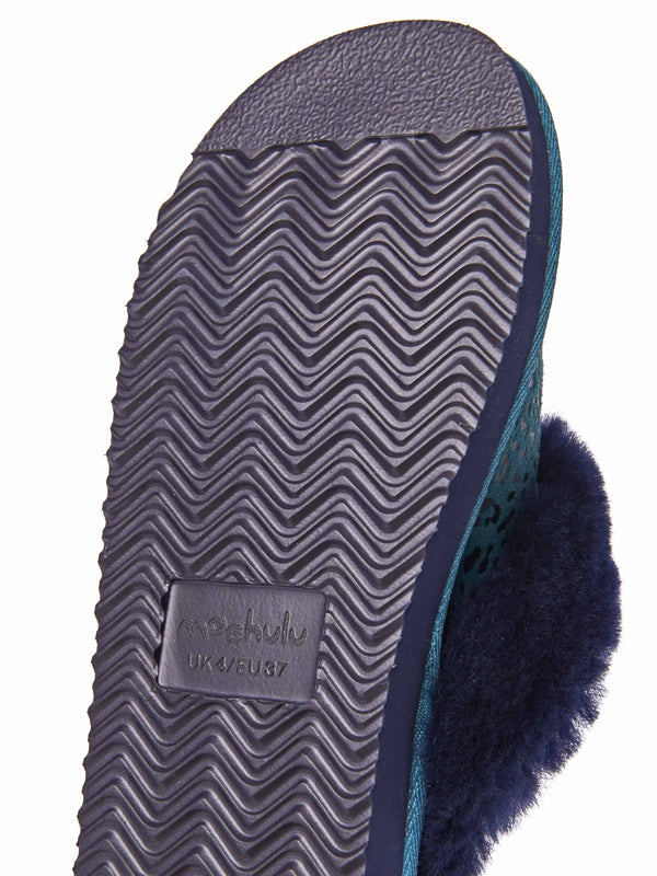 Blue / Green / Animal Print sheepskin mule slippers - TIREE LAGOON LEOPARD