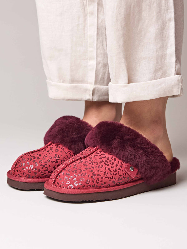 Red / Animal Print sheepskin mule slippers - TIREE RED LEOPARD
