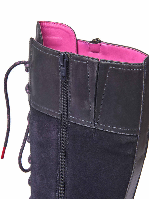 Blue long adjustable lace-up boots - AIMEE NAVY