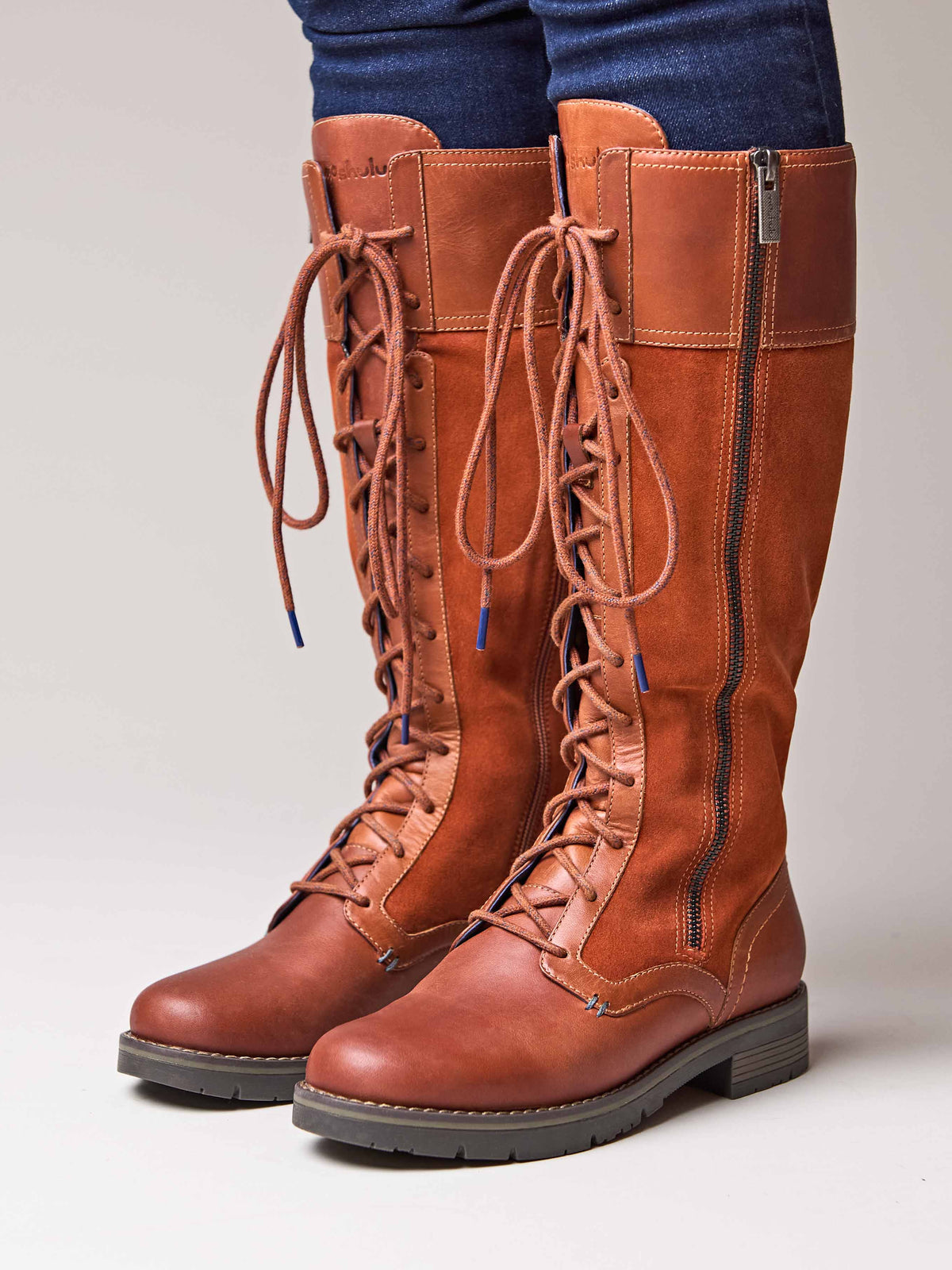 Orange / Red / Brown long adjustable lace-up boots - AIMEE TERRACOTTA