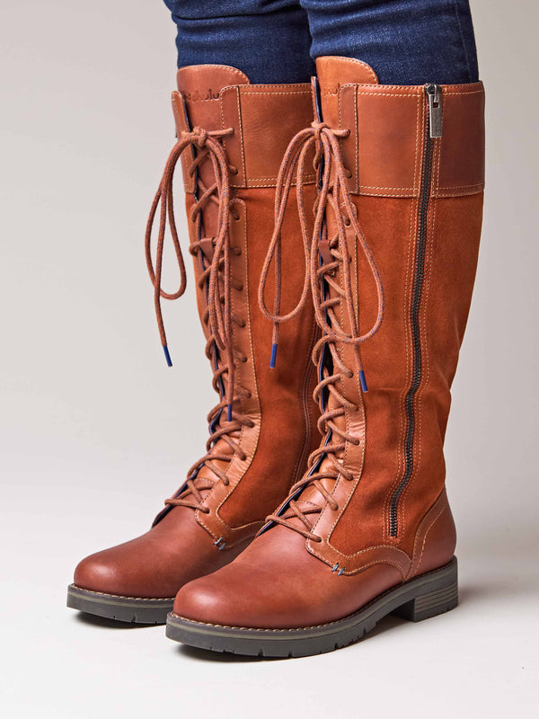 Orange / Red / Brown long adjustable lace-up boots - AIMEE TERRACOTTA