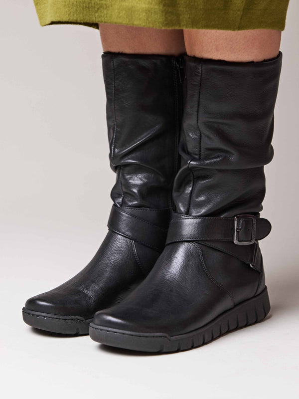Black ruched leather mid-length boots - MALMO BLACK