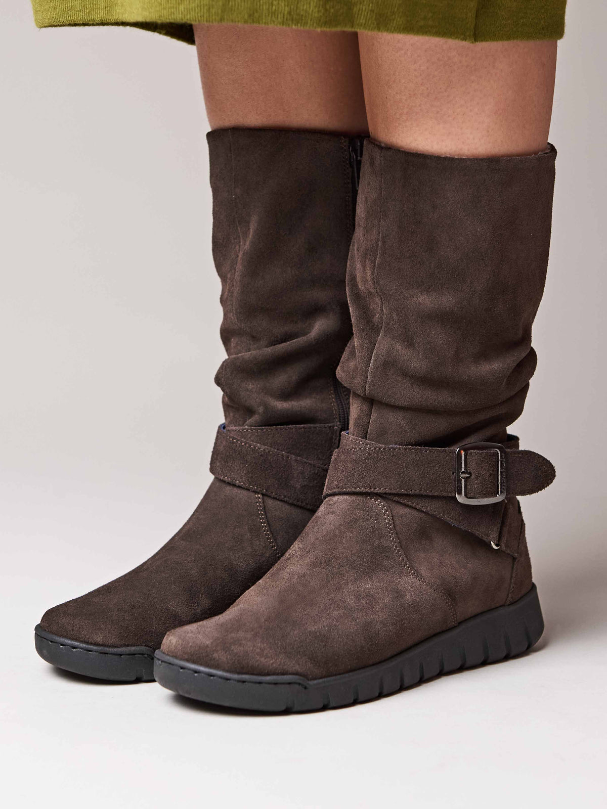 Brown ruched leather mid-length boots - MALMO BROWN SUEDE