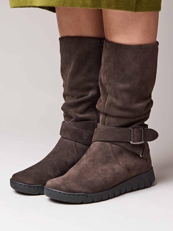Brown ruched leather mid-length boots - MALMO BROWN SUEDE