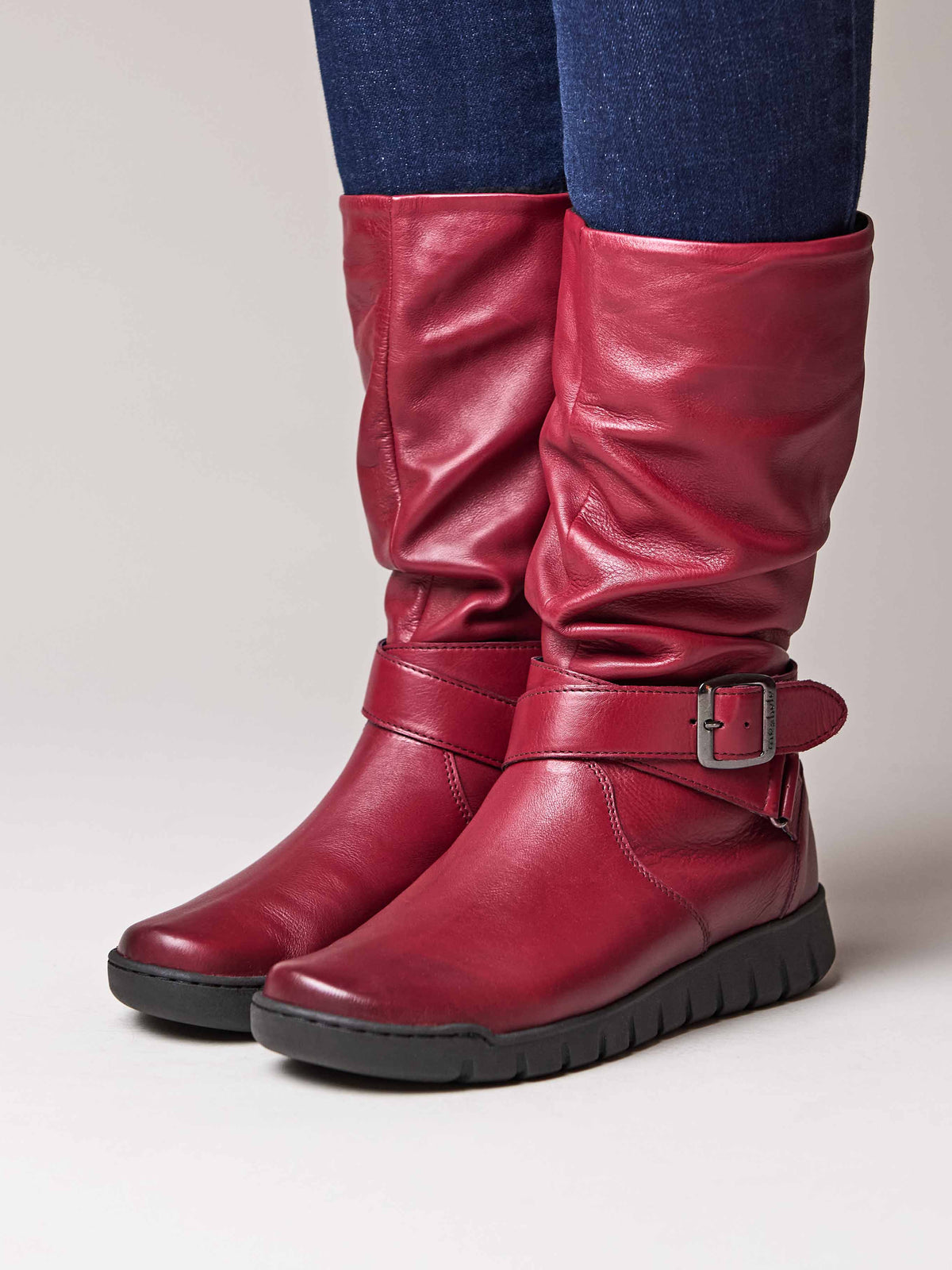 Red ruched leather mid-length boots - MALMO CABERNET