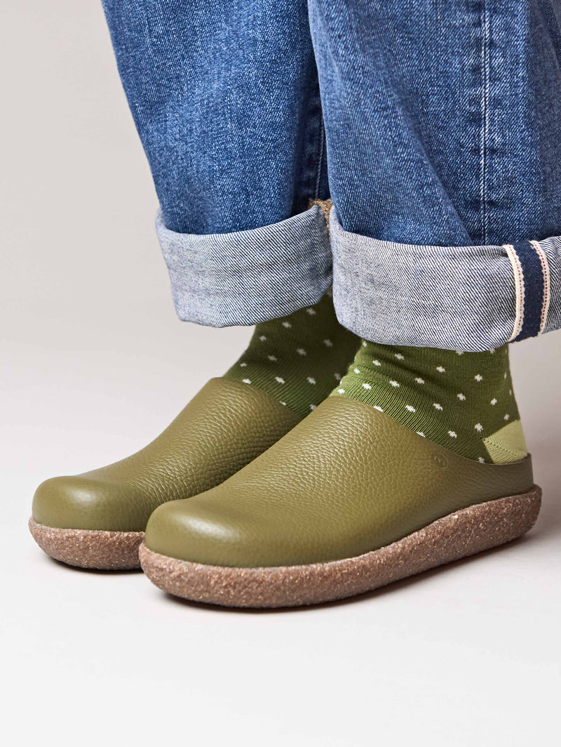 Green extra cushioned leather clogs - PEVENSEY OLIVE GREEN LEATHER