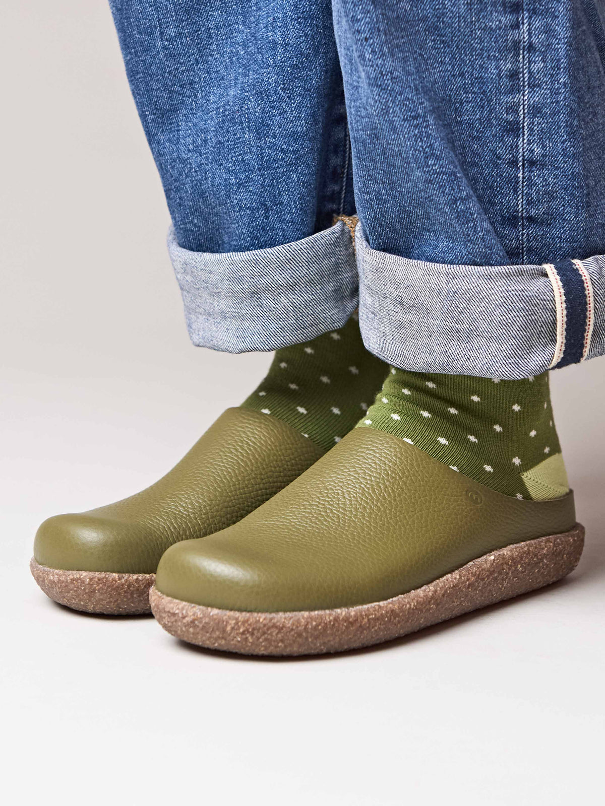 Green extra cushioned leather clogs - PEVENSEY OLIVE GREEN LEATHER