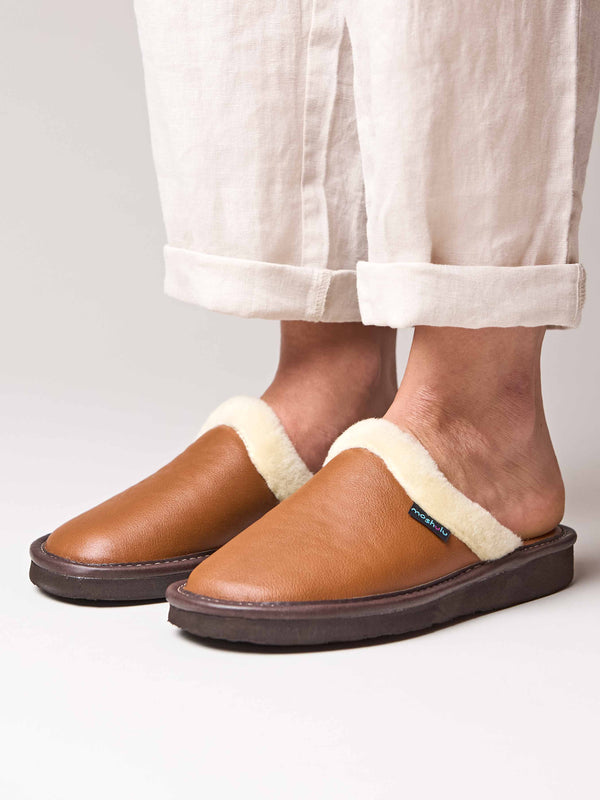 Brown classic leather mule slippers - ADELE 2 TAN