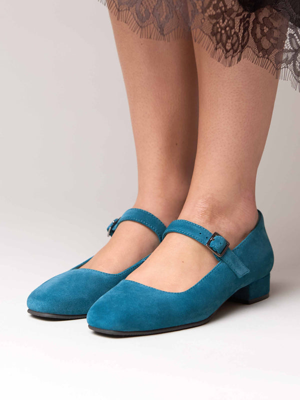 Blue front buckle block heels - HEBEI LAGOON SUEDE