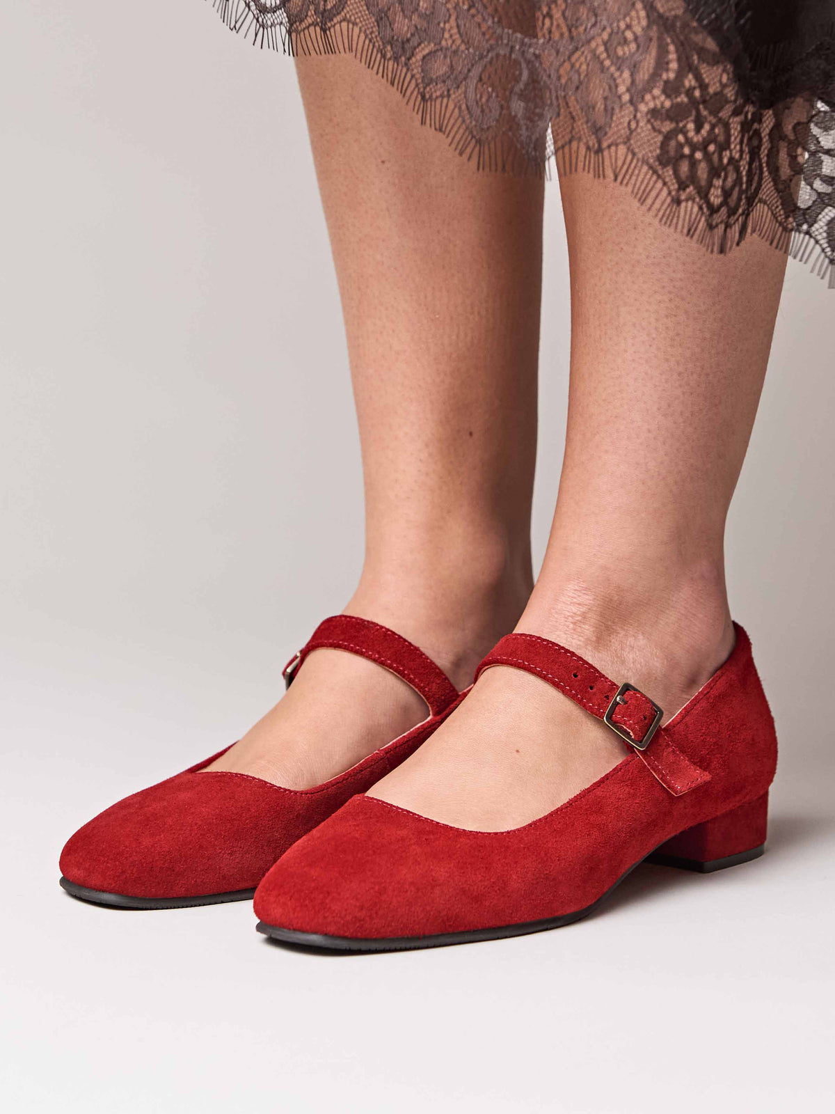 front buckle block heels - HEBEI RED SUEDE