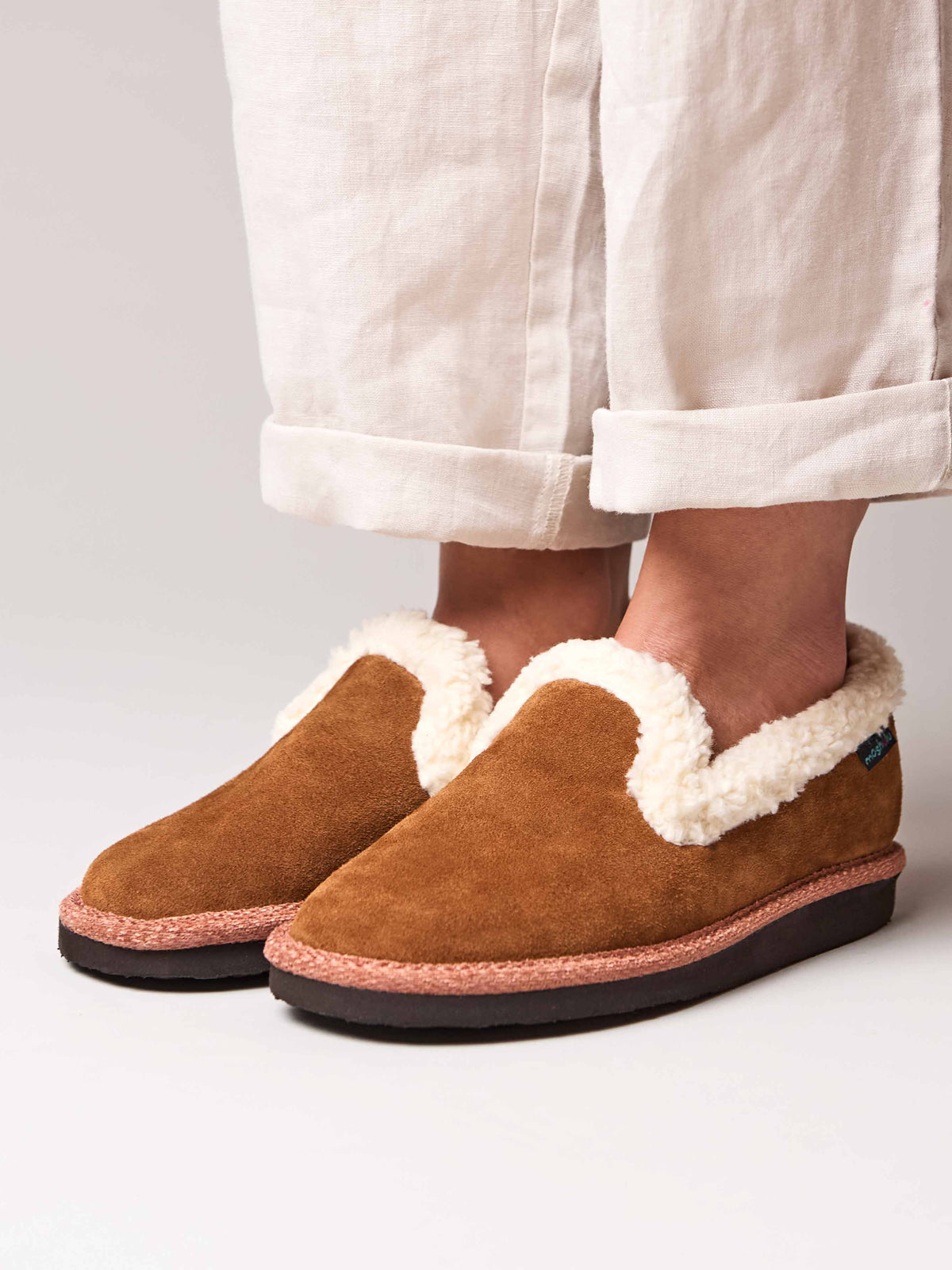 Brown suede fluffy lined full slippers - ONTARIO TAN