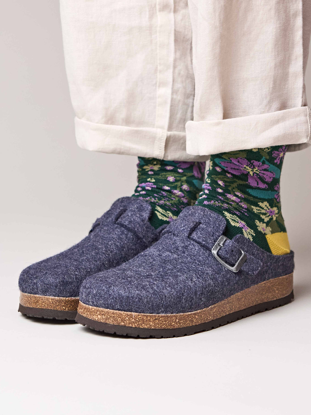 Blue wool felt clog mule slippers - CECILIA INDIGO