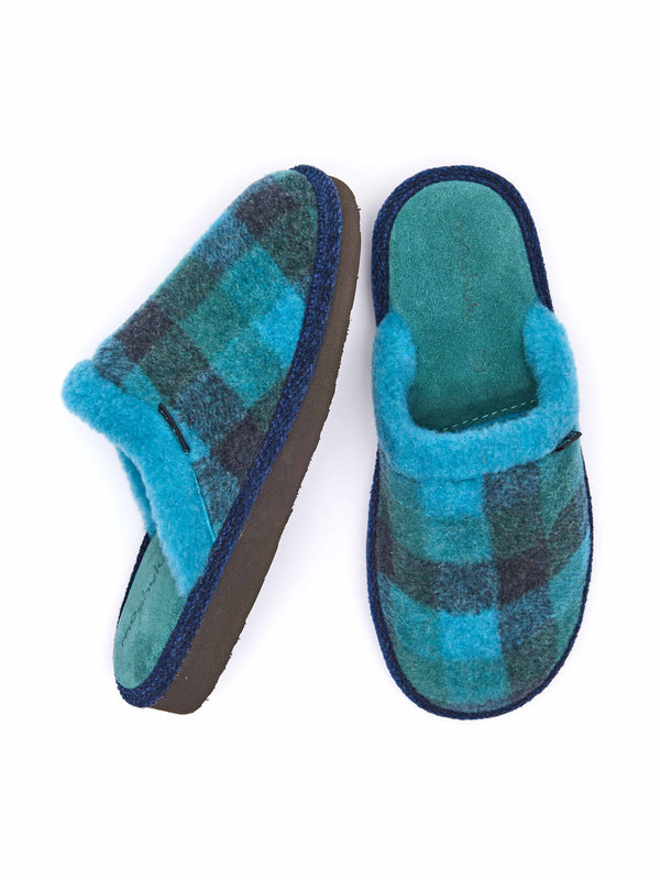 Blue felted plaid mule slippers - RENFREW MARINE TEAL PLAID