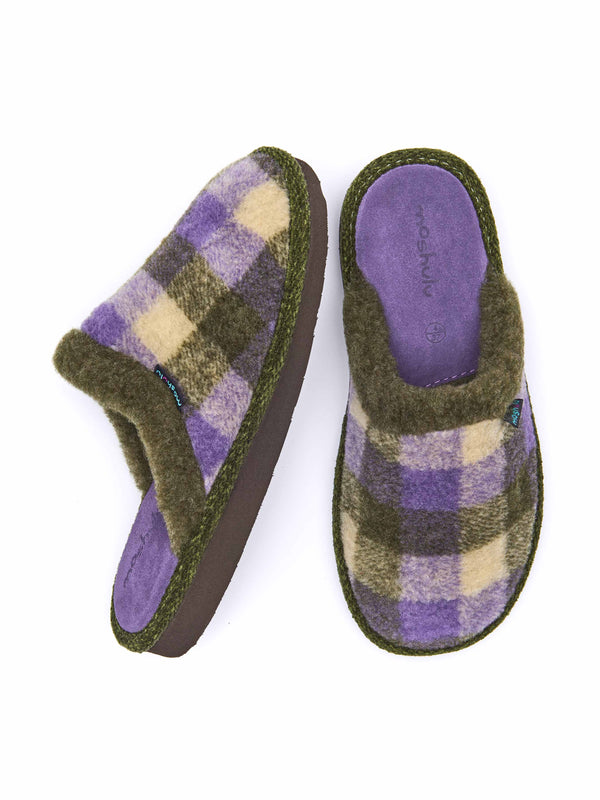 Green felted plaid mule slippers - RENFREW OLIVE GREEN PLAID