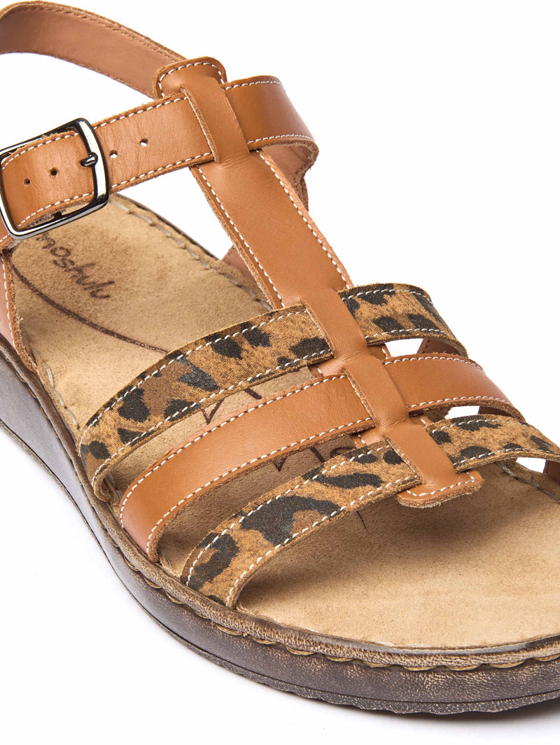 Brown platform wedge strappy sandals - PARADAS TAN/LEOPARD PRINT