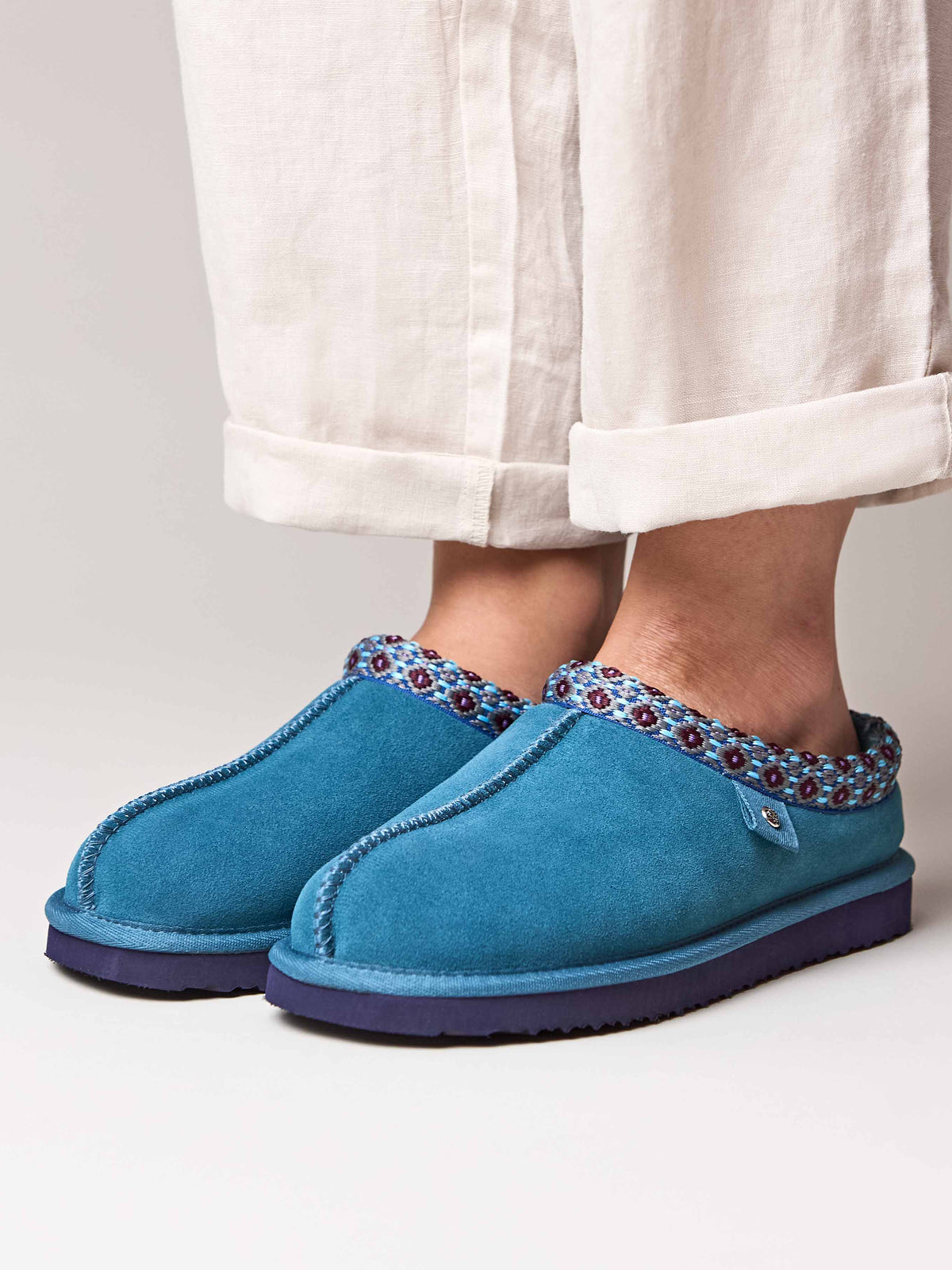 Blue slip on sheepskin slipper - KIMOTO 2 LAGOON SUEDE
