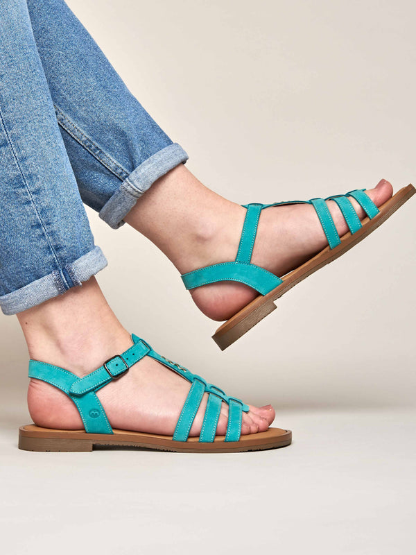 Blue strappy nubuck t-bar sandals - SALTERN F/S TEAL SEA NUBUCK
