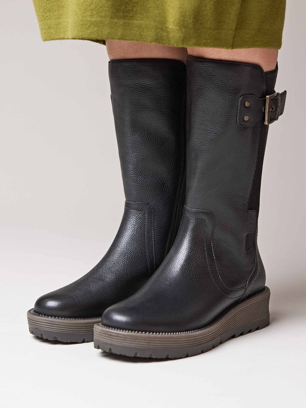 Black mid-calf elasticated boot - RANNOCH BLACK LEATHER