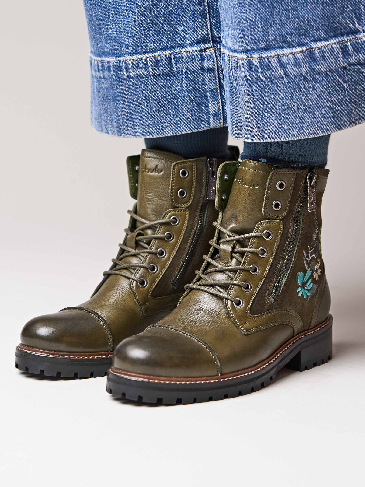 Green embroidered biker boot - BARDSEY 2 FLORAL OLIVE GREEN LEATHER