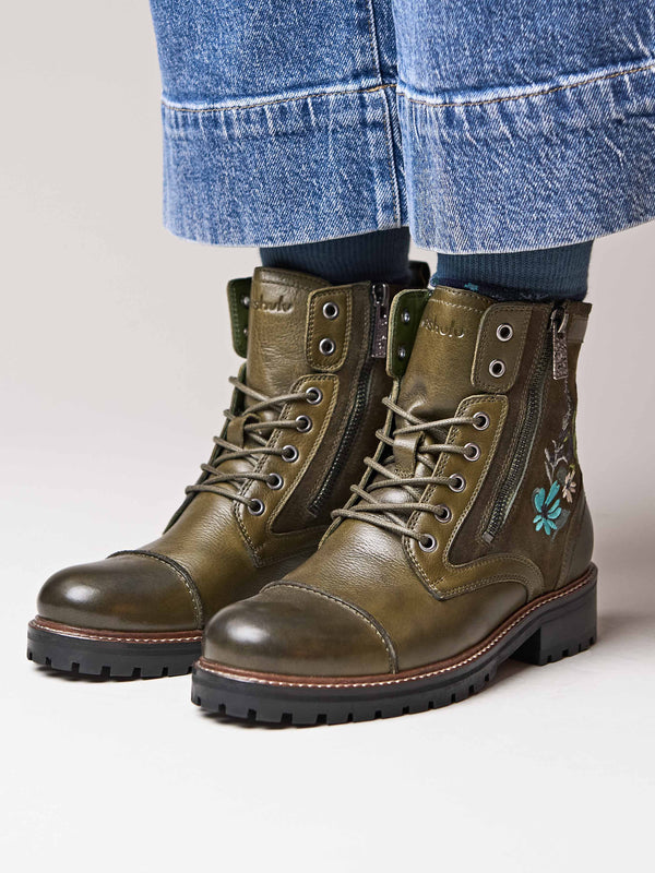 Green embroidered biker boot - BARDSEY 2 FLORAL OLIVE GREEN LEATHER