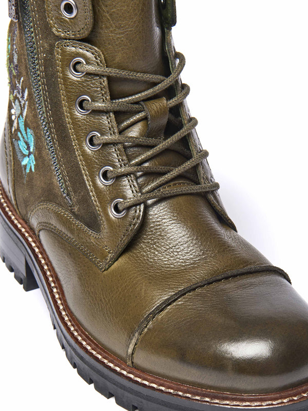 Green embroidered biker boot - BARDSEY 2 FLORAL OLIVE GREEN LEATHER