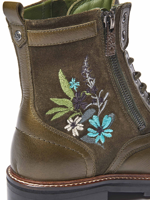 Green embroidered biker boot - BARDSEY 2 FLORAL OLIVE GREEN LEATHER