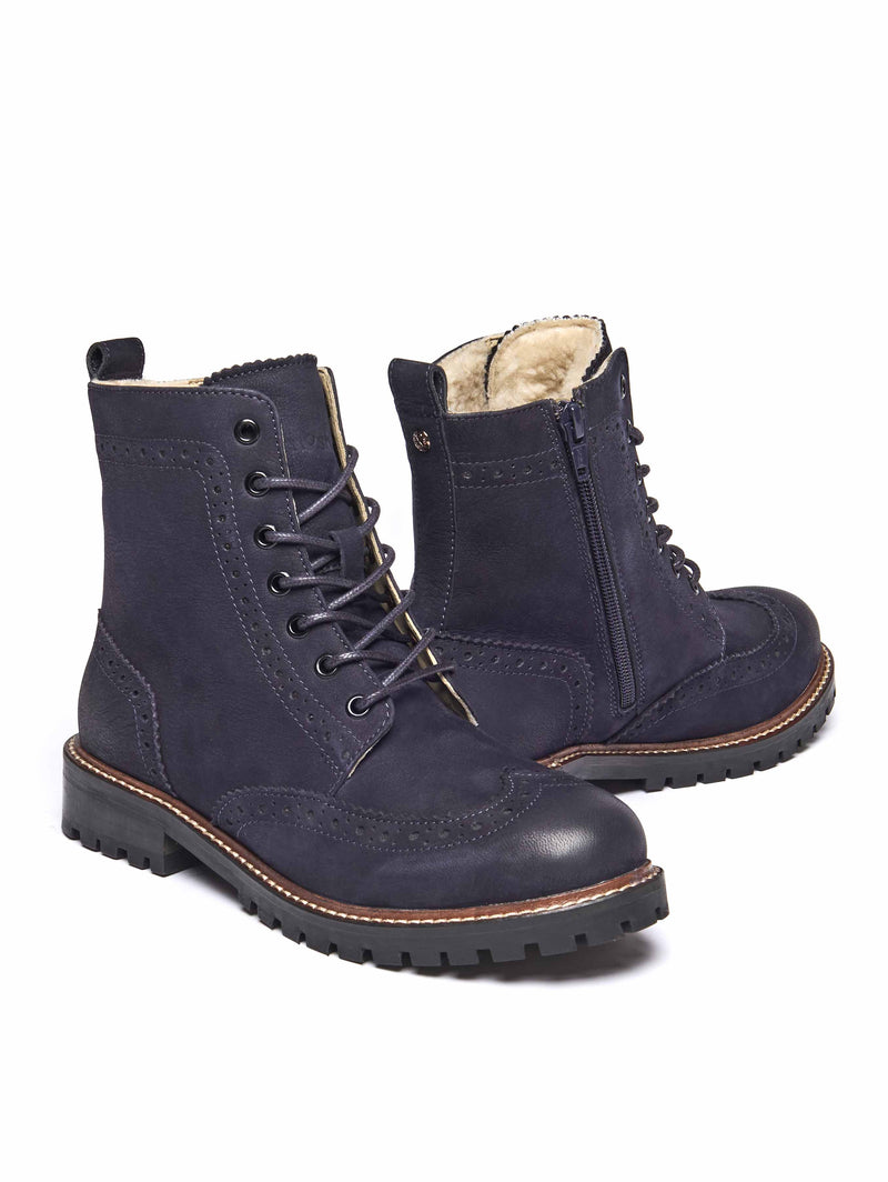 Blue fluffy lined leather brogue boot - FILICO WARMLINED INDIGO NUBUCK