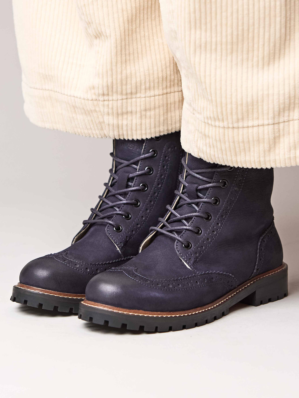 Blue fluffy lined leather brogue boot - FILICO WARMLINED INDIGO NUBUCK