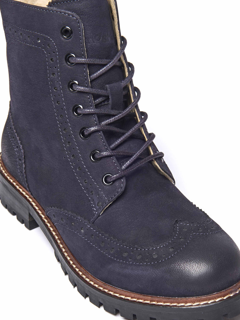 Blue fluffy lined leather brogue boot - FILICO WARMLINED INDIGO NUBUCK