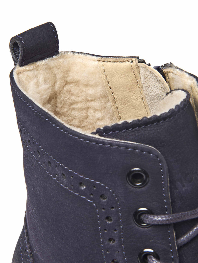 Blue fluffy lined leather brogue boot - FILICO WARMLINED INDIGO NUBUCK