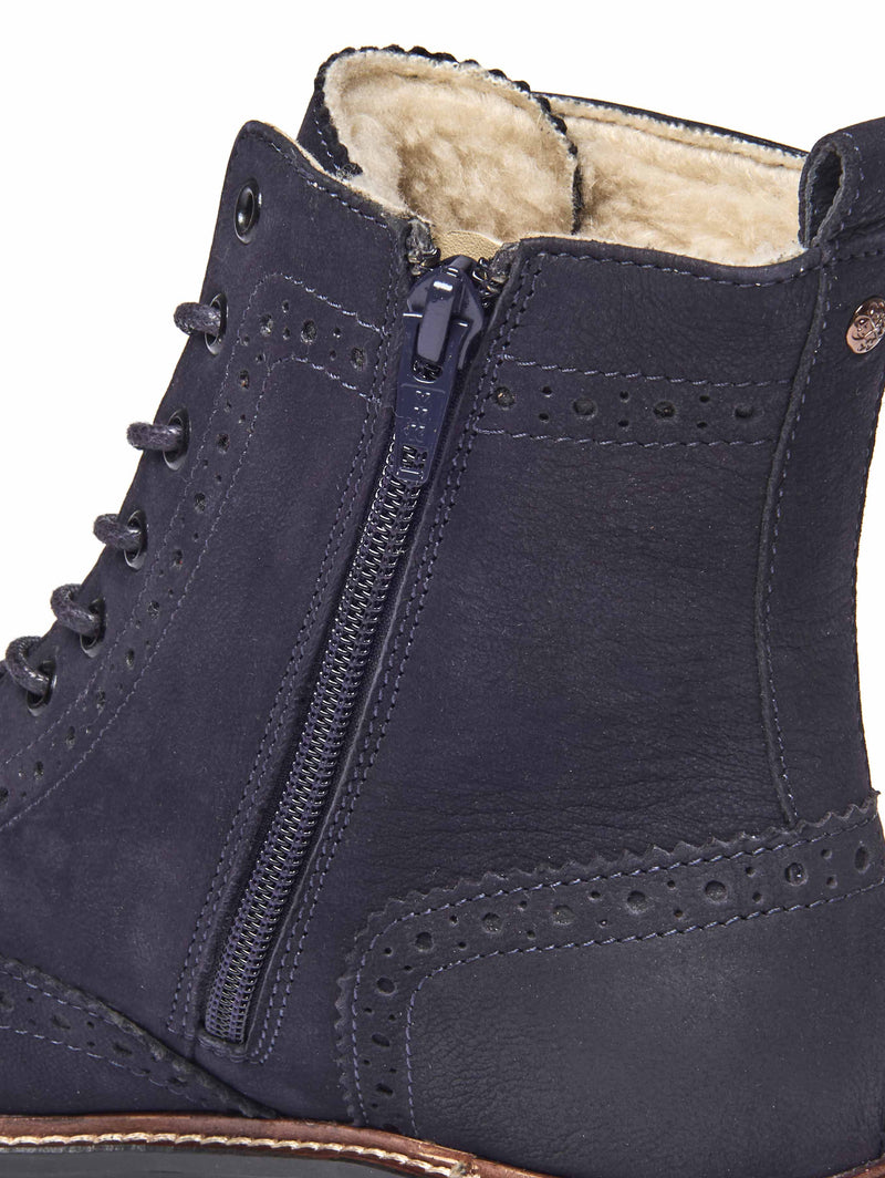 Blue fluffy lined leather brogue boot - FILICO WARMLINED INDIGO NUBUCK