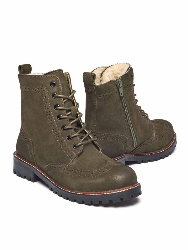 Green fluffy lined leather brogue boot - FILICO WARMLINED OLIVE GREEN NUBUCK