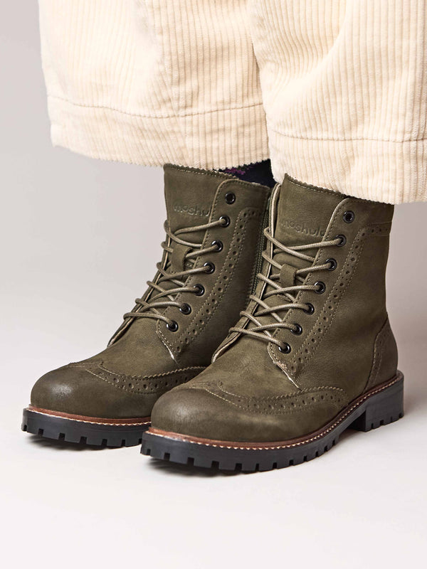 Green fluffy lined leather brogue boot - FILICO WARMLINED OLIVE GREEN NUBUCK
